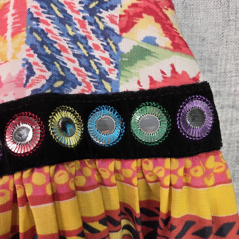 VTG Banjara Skirt WD.NY India Patchwork Ribbon Trim Linen Full Tiered SZ 8 Midi - Picture 5 of 11